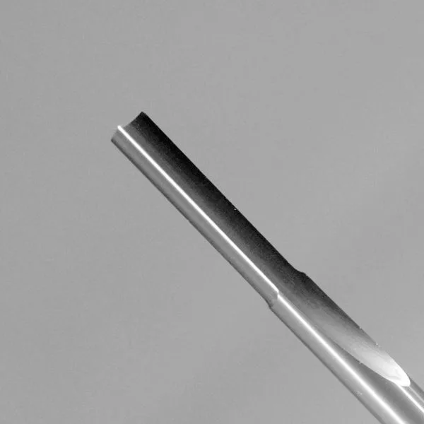 Professional-grade straight single flute carbide router bit displayed against white background showing cutting edge and shank