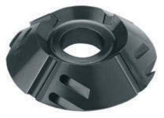 GUHDO industrial conical chamfering cutter head featuring angled cutting surfaces with chip relief slots, center bore mounting, for creating precise chamfers and decorative beveled edges