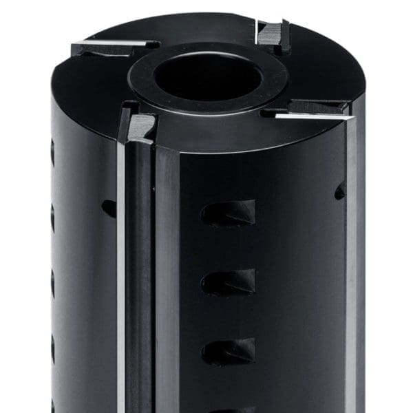 Industrial router cutter head with four-wing cutting configuration, black finish, adjustable blade inserts, ventilation slots, and standard spindle bore for woodworking applications