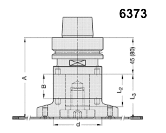 Technical dimension drawing of CNC saw blade holder for blades up to 14 inch with measurement diagram