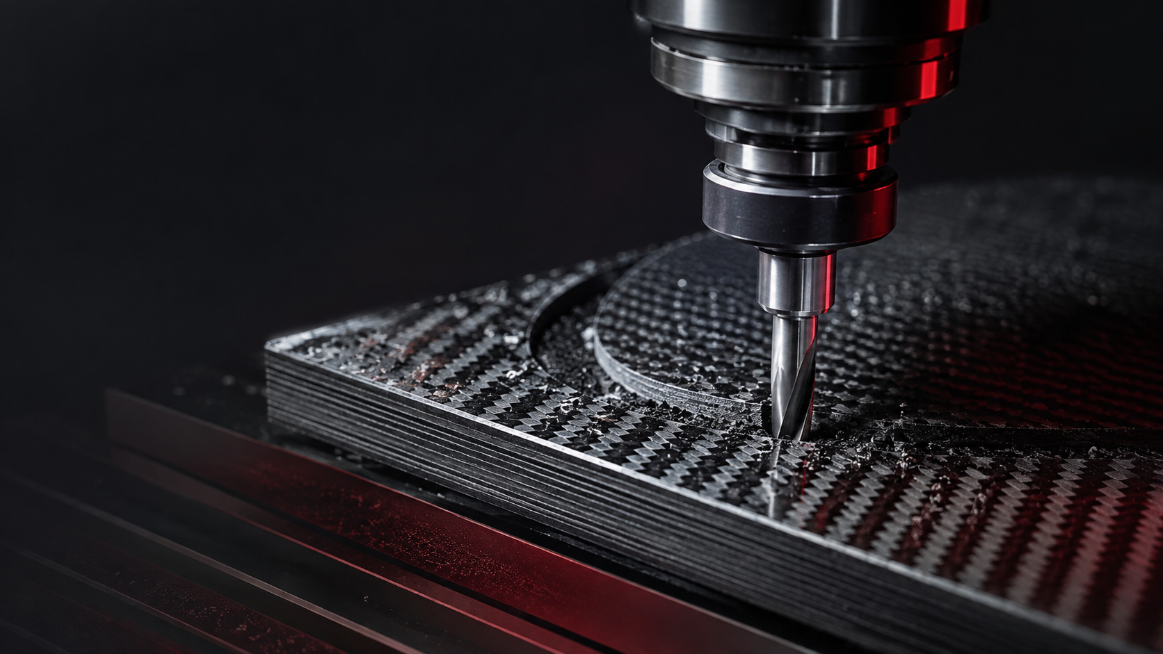 PCD router bit trimming a carbon fiber laminate panel